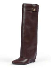 Luxury Fashion Women Fold Over Pointy Pull-On Shark Boots Women Wide Calf Padlock Boots Nightclub Elegant Shoes - 棕色 - 查看 7
