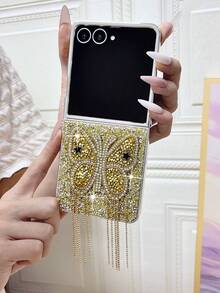 1pc Popular Fashion Cute Electroplated Large Rhinestone Butterfly Tassel Foldable Phone Case, Full Coverage Anti-Drop Protective Shell Compatible With Samsung Galaxy ZFlip 8 Galaxy ZFlip 7 Galaxy ZFlip 7FE Galaxy ZFlip 6 Galaxy ZFlip 5 - Multicolor - View 17