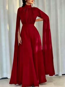 Elegant Solid Color Stand Collar Extra Long Evening Gown Wedding Fall - Burgundy - View 2