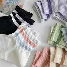 1/3/6 Pairs Women's Colorful Cute Striped Mid-Calf Socks, White Sports Socks, Soft And Breathable, Suitable For Summer And Autumn Daily Wear - Multicolor - View 2