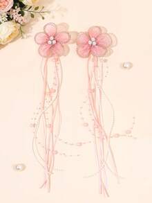2pcs Pink Flower Hair Bows For Girls Elegant Pearls Beaded Alligator Clips Sweet Fairy Style Hairpins Flower Hair Clips Teens Hair Accessories - Pink - View 8