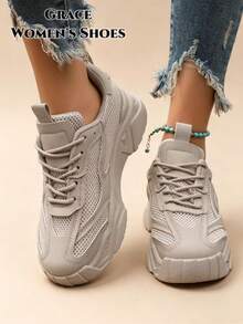 Women's Casual Retro Thick Sole Round Toe Sneakers, Suitable For Outdoor Activities, Mesh Material, Lace-Up Style, Suitable For Spring And Summer - Light Grey - View 5