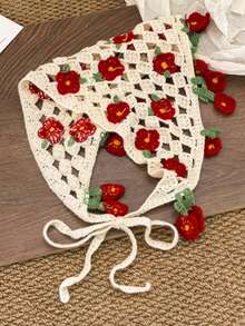 Hollow Knit Sweet Floral Women's Triangle Scarf/Headband, Daily Multi-Functional Hair Wrap, Pastoral Sweet Style Girl Hair Accessory, Daily Outing Vacation, Beach Photography - Red - View 5
