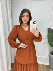 Women's Long Dress With Long Sleeves And Elastic Back - Terracotta - View 3