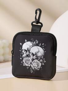 Double-Sided Dark Theme Print Mini Coin Purse, Portable Multi-Function Small Bag, Suitable For Earphones, Keys, Cards, Cosmetics And Small Items - Black - View 8