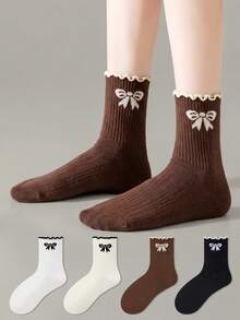 ZUJO 4 Pairs Women's Mid-Calf Socks, Bow Knot Pattern, Suitable For Autumn/Winter Daily Wear, Simple And Comfortable, Random Color - Multicolor - View 2