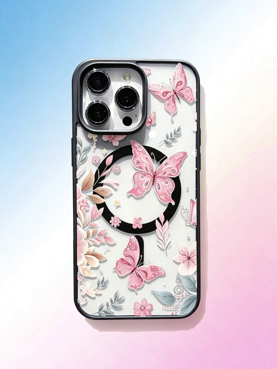 1PC Pink Minimalist Floral Vine Butterfly Pattern Phone Case Compatible With 17Promax/16Pro/15plus/14Pro/13Promax/12/11 Transparent Fashionable Protective Cover For Women - Multicolor - View 1