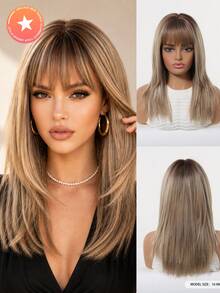 16 Inch Layered Straight Heat Resistant Synthetic Wig Dark Root Caramel Blonde Highlight Wig With Air Bangs, Realistic Hairline Lightweight Daily Date Photo Hair Wig For Women - Multicolor - View 2
