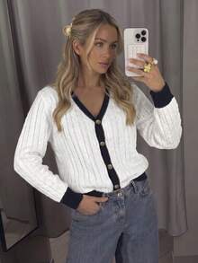Women's Summer Autumn Casual Elegant Striped Colorblock Knit Cardigan Top Suitable For Dating And Vacation - Multicolor - View 1
