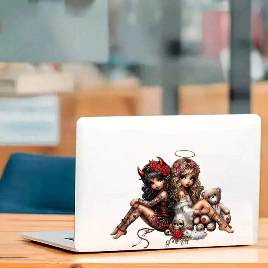 "Devil & Angel" Vinyl Stickers - Gothic Fantasy Stickers With Red Roses And Horns, Suitable For Cars, Laptops, Phones, Motorcycles, Windows, Walls - Self-Adhesive Gothic Decor, Perfect For Halloween, Gothic Decoration And Dark Aesthetic Lovers, Gothic Accessories - Multicolor - View 1
