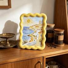 Yellow Wavy Border Photo Frame Display Box, Bedroom Nightstand Decor, Desktop Photo Frame, Coastal Style Wavy Photo Frame, Simple Mirror Can Be Used As Photo Frame, Art Display Photo Frame, Yellow Coastal Printed Mirror Can Be Used As Photo Frame, K-Pop Star Card Photo Album - Multicolor - View 2