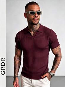 GRDR Men's Summer Airplane Collar Ribbed Solid Color Short Sleeve Knit Sweater, Suitable For Summer Outings, Essential For Fashionable Styling - Red Violet - View 4
