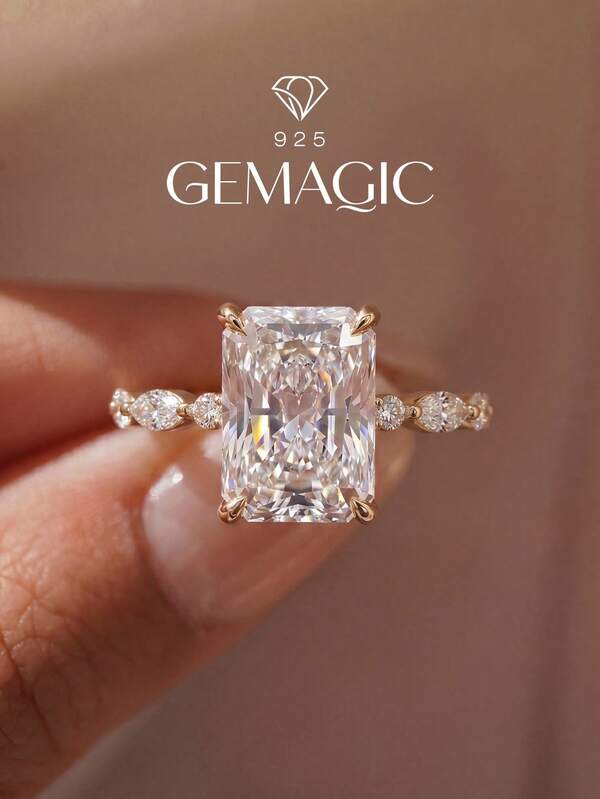 1 pieza Anillo de diamante de corte rectangular de plata de ley 925, elegante anillo de mujer, adecuado para citas, fiestas, aniversarios, exquisito regalo de joyería para ella
