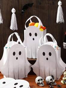 4pcs/1pc Halloween Ghost Paper Gift Bags With Handles, Candy Bags, Gift Bags, Halloween Theme Tote Bags, White Little Ghost Surprise Gift Bags, Trick Or Treat, Holiday Party Gift Bags For Family And Friends, Theme Birthday Holiday Party Supplies - Multicolor - View 1