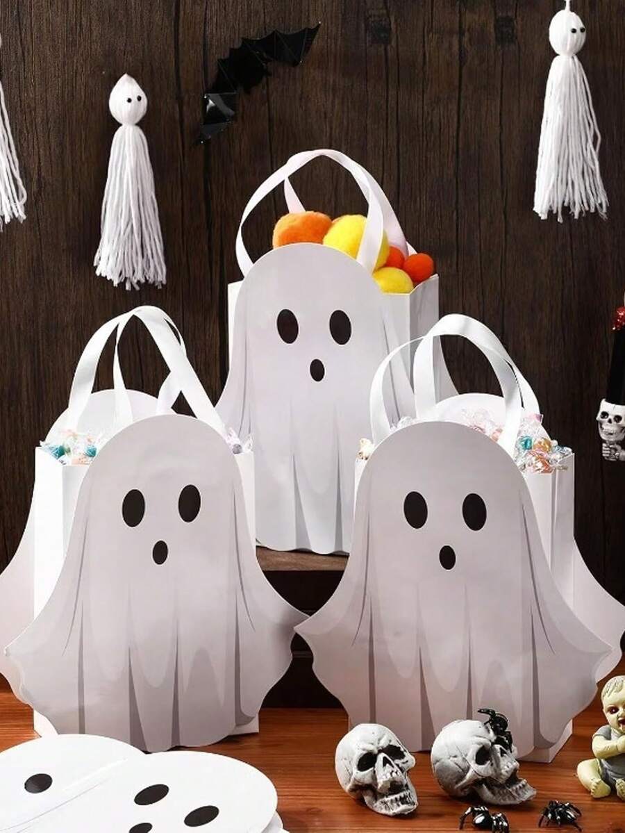 4pcs/1pc Halloween Ghost Paper Gift Bags With Handles, Candy Bags, Gift Bags, Halloween Theme Tote Bags, White Little Ghost Surprise Gift Bags, Trick Or Treat, Holiday Party Gift Bags For Family And Friends, Theme Birthday Holiday Party Supplies - Multicolor - View 1