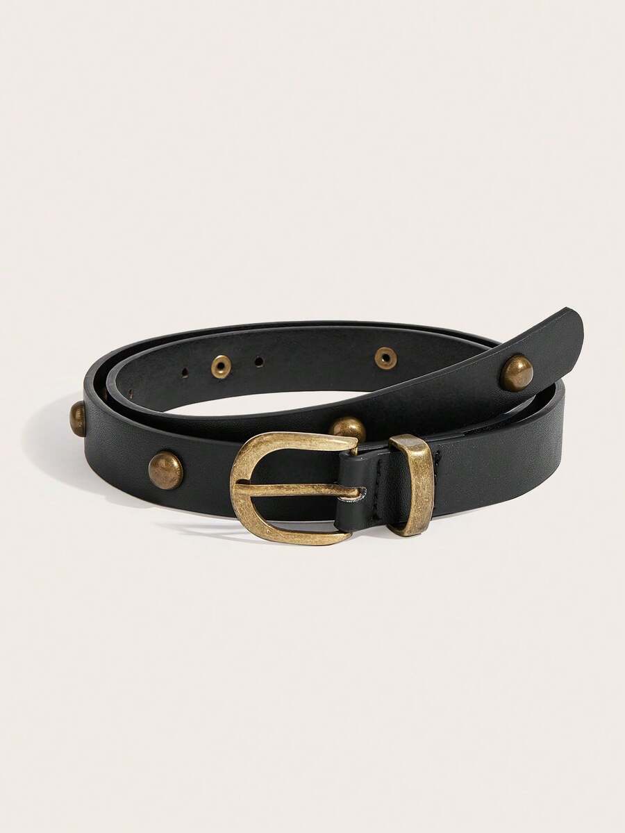 1pc Black Bronze Buckle Women's Belt; Rivet Belt; Y2K Belt; Vintage; Studded Belt; Matches Jeans, Blazers, Shirts, Dresses, Long Coats And More, Suitable For Daily Commute, Casual Outings, Workplace Wear - A - View 1