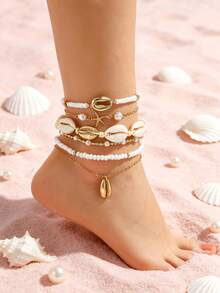 Juego de 6 tobilleras elásticas de cuentas de arroz con perlas falsas y conchas estilo playa, multicapa, bohemio, estilo vacaciones junto al mar, apilables, hechas a mano para mujeres - Dorado - Ver 1