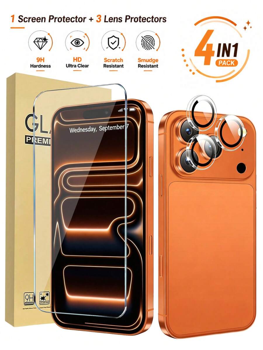 4合1 鋼化玻璃螢幕保護貼 1片 適用 17 Pro Max 6.9 吋 + 3片相機鏡頭保護貼，超高清鋼化玻璃，軍規防碎，相容手機殼，手機配件，適合搭配手機殼使用