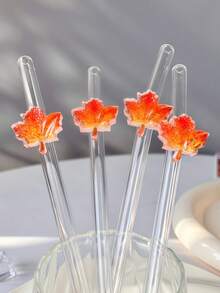 4/7PCS Maple Leaf Decor Curved Glass Straw, Chic Autumn Table Accent For Women's Gifting, Compatible With Afternoon Tea, Bubble Tea And Fruit Juice For Thanksgiving Family Reunion Layouts. - View 4