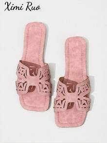 Ximi Ruo New Spring/Summer Fashion Casual Strap Slide Sandals, Comfortable Flat Heel Round Toe Slip-On Beach Slippers, Versatile Decorative Flat Sandals For Summer - Pink - View 1