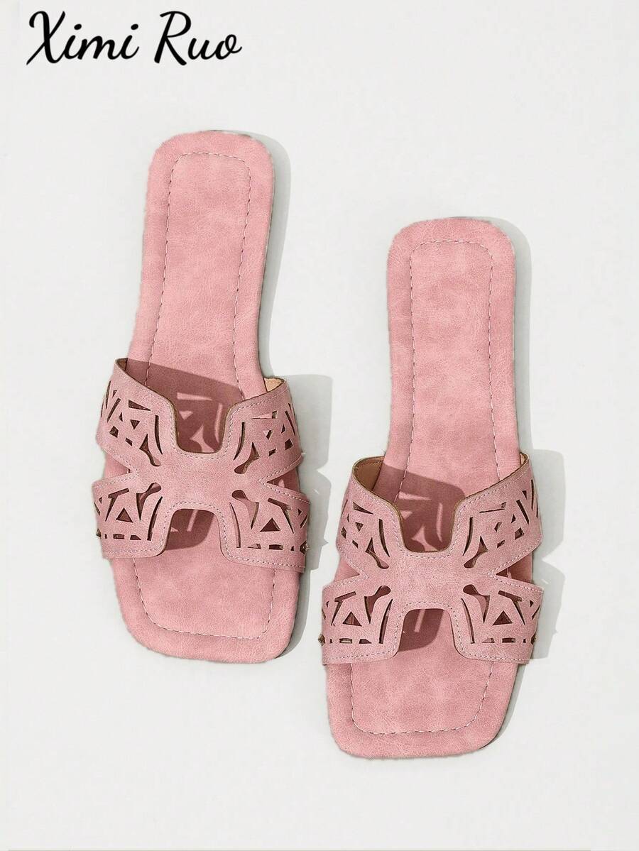 Ximi Ruo New Spring/Summer Fashion Casual Strap Slide Sandals, Comfortable Flat Heel Round Toe Slip-On Beach Slippers, Versatile Decorative Flat Sandals For Summer - Pink - View 1