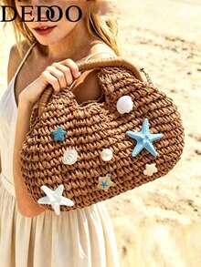 Dedoo 2026 New Woven Clutch Bag, Handmade Raffia Straw Summer Beach Bag, Solid Color Textured Pattern, Large Capacity, Suitable For Women Traveling, Straw Woven Bag - Khaki - View 8
