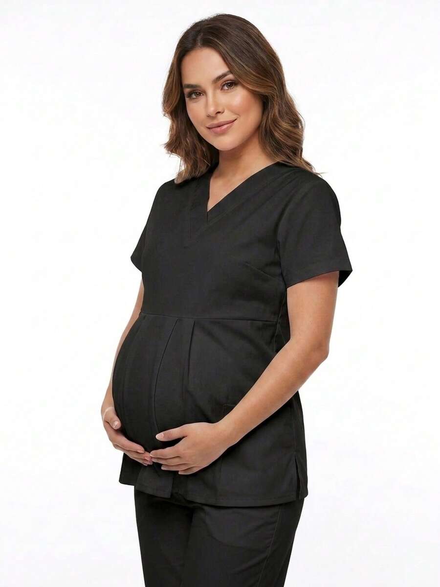 Sweet Microfiber Pleated Surgical Uniform For Maternity And Pregnancy - Black - View 1