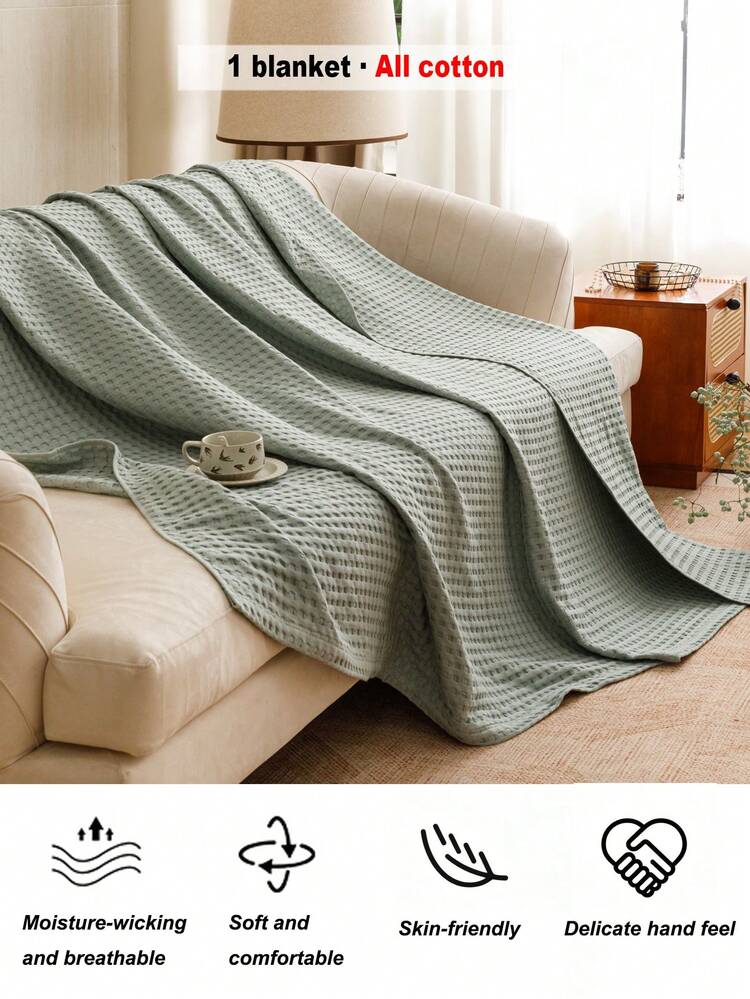 1pc Soft & Comfortable New Waffle Knit Pure Cotton Blanket - Ultra-Thin Breathable Plaid Design | All-Season Bedding | Machine Washable | Ideal For Summer And Night Sweating | Modern Soft Texture Blanket | Minimalist Design Easy Care Fabric | Suitable For Bed, Sofa - Perfect For Relaxing And Snuggling - Cloudy Light Green - View 4