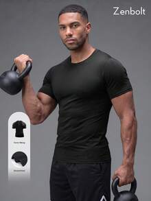 Zenbolt Men's Solid Color Crew Neck Compression Training T-Shirt, Slim Fit Short Sleeve, Compression Sports Top For Daily Wear And Gym Training - Black - View 1