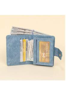 New PU Leather Bifold Short Wallet, Korean Style Solid Color Versatile Minimalist Snap Fold Lightweight Wallet Purse - Blue - View 5
