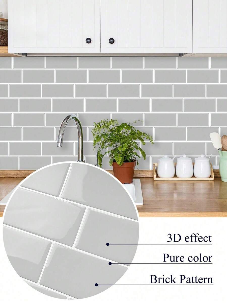 防水磚紋 2D 紋理牆面板 DIY 貼磚,可移除自黏式牆貼,適用於廚房與浴室防濺牆,亦可用於節日裝飾;貼紙、牆貼、乙烯基貼紙 - 淺灰色 - 查看 1
