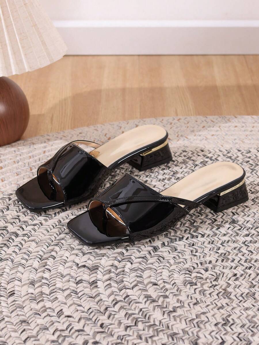 Women's Slip-On High Heel Thong Sandals, Spring/Summer New Fashion Black Glossy Nightclub Party Style, Square Toe Open Toe Chunky Heel - Black - View 1