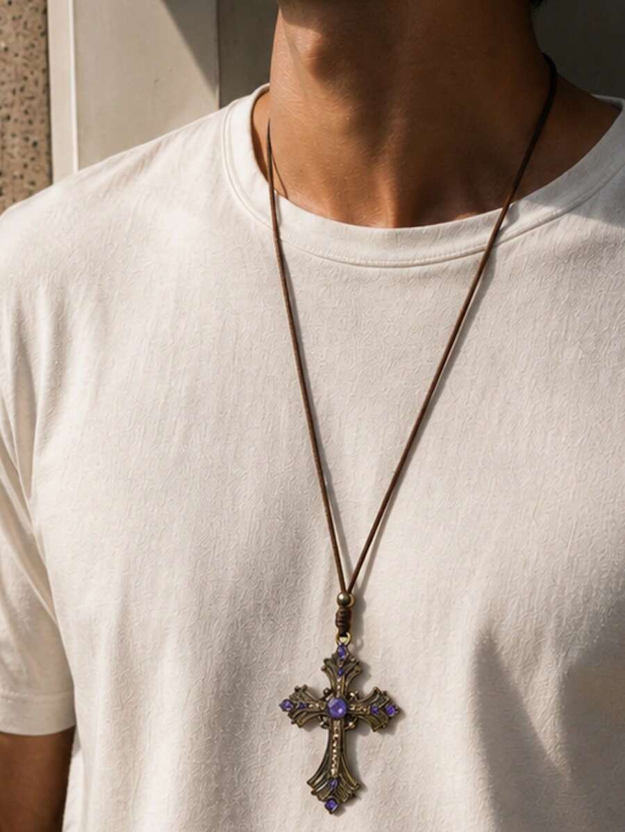 1pc Vintage Gold Cross Blue Diamond Pendant Necklace Adjustable Length - Gold - View 1