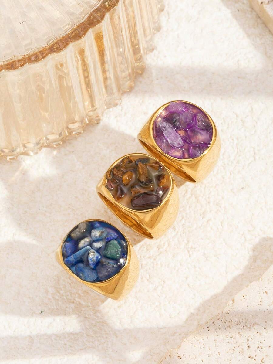1pc, 3pcs Stainless Steel Fashion Gold-Colored Rings, Inlaid With ...