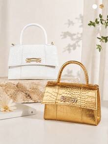 1pc Girls Luxury Crocodile Embossed Small Square Handbag, Metal Chain Crossbody Bag, Versatile Mini Bag For Banquet And Commute, Ideal Gift Choice - M635 - View 1