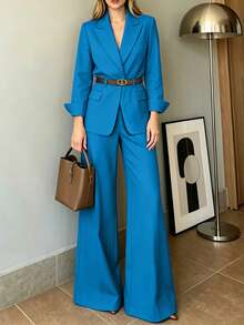 Setelan 2 Potong Wanita Musim Gugur: Blazer Berkerah Elegan dengan Sabuk dan Celana Panjang Lebar - Biru - View 1