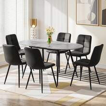 Extendable Dining Table And Chairs Set Of 6, Oval Mable Effect Table With Upholstered Chairs For Dining Room - Gray Table + 6 Black Linen Chairs - View 13