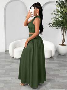 Autumn Women's Elegant Vacation Casual Style Mesh Solid Color Sleeveless Tank Top + Tropical Tree Print Long Skirt 2 Pieces Set Summer - Dark Green - View 3