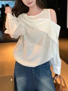 French Style Asymmetrical White Off-Shoulder Long Sleeve Blouse For Women - White - View 3