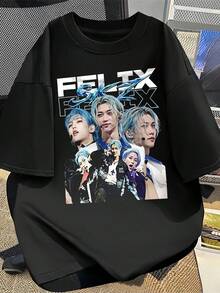 2026-Vintage SKZ Graphic T-Shirt - Y2K  Group Member Design, Black Short Sleeve Crew Neck T-Shirt, Regular Fit, Decorative Shirt - Black - View 1
