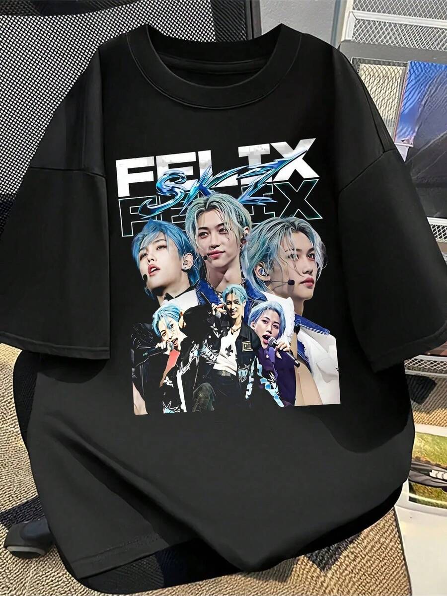 2026-Vintage SKZ Graphic T-Shirt - Y2K Group Member Design, Black Short Sleeve Crew Neck T-Shirt, Regular Fit, Decorative Shirt - Black - View 1