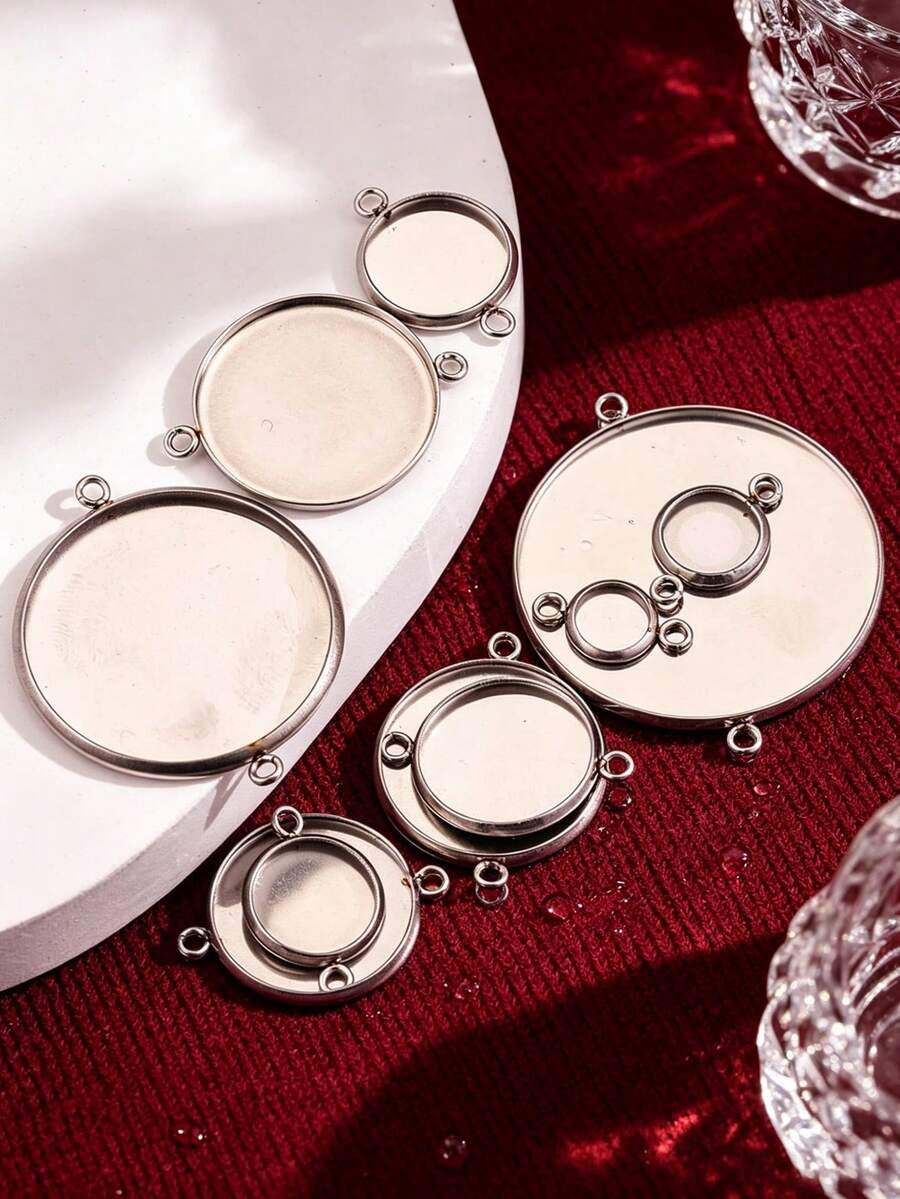 10pcs/Set, Suitable For 6/8/10/12/14/16/18/20/25/30mm Double Hole Hanging Stainless Steel Embossed Convex Gemstone Base, For DIY Jewelry Making - Silver - View 1
