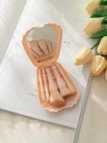 1PC New 5-Piece Shell Makeup Brush Set With Mirror, Suitable For Travel, Portable And Convenient, Mini Full-Function Professional Makeup Brushes With Folding Mirror And Dust-Proof Flip Cover, Lightweight Makeup Brush Set For Outings, Shell Design, Suitable As Holiday Gift For Lovers And Friends, Teacher's Day Gift - Multicolor - View 12