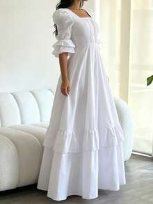 Gaun Wanita Musim Semi/Panas Elegan Warna Polos dengan Rumbai/Flounce Model A-Line Modis Warna Putih - Putih - View 4