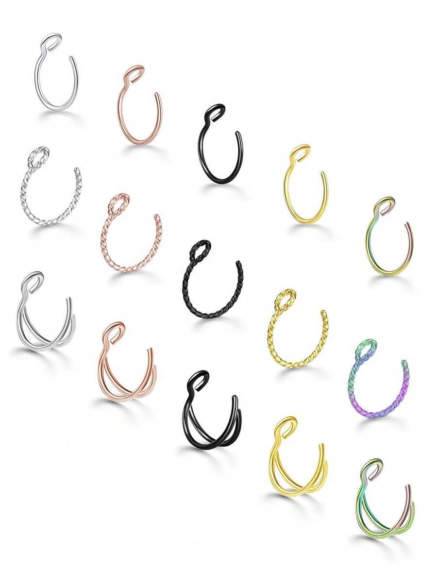 3pcs Multi-Color Open C-Shaped Nose Rings, Pure Twisted Rope And Double Line Small C-Shaped Septum Rings, Minimalist Basic Style Nostril And Cartilage Ear Piercing Jewelry, Suitable For Daily, Holiday, Summer, Beach Wear - 3-piece Nose Ring - View 1