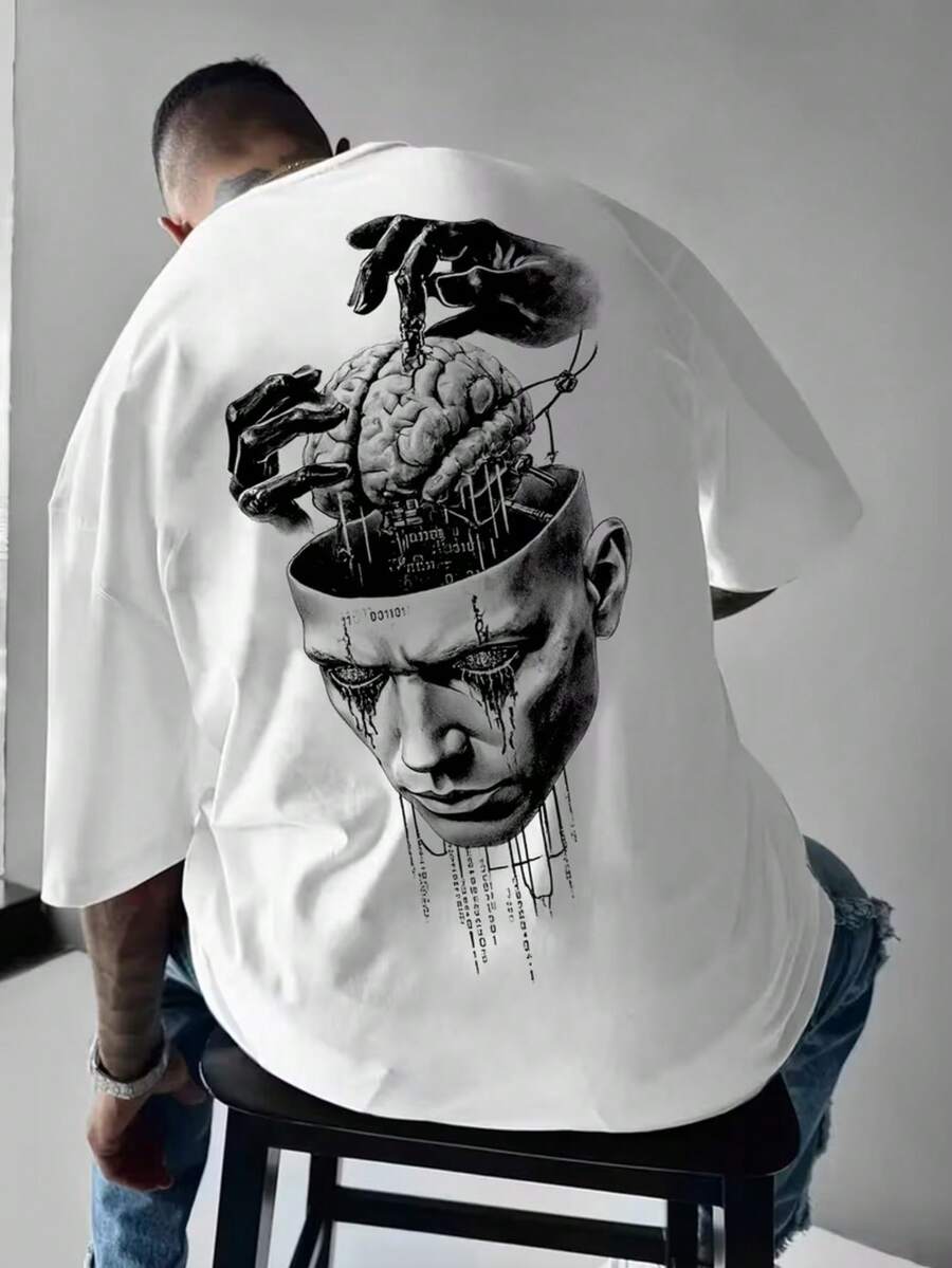 Men's Summer Fashion Versatile Mask Brain Print Crew Neck Short Sleeve T-Shirt - White - View 1