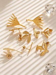 6Pcs 304 Stainless Steel 18K Gold Plated Textured Leaf Stud Earring Posts With Loop, DIY Jewelry Findings For Dangle Earrings & Pendants - Earrings - View 6