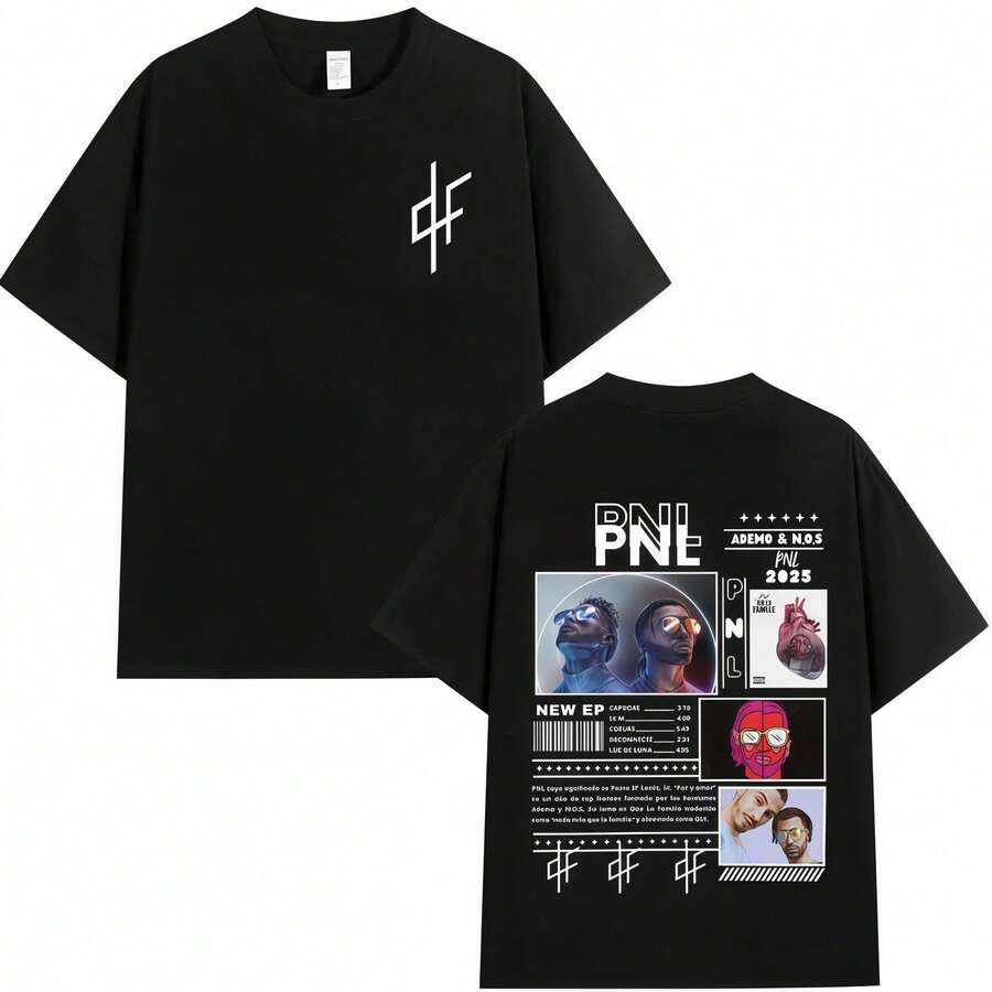 Vintage Unisex PNL Le Monde Chico Shirt, French Rapper Print, Hip-Hop Short Sleeve Streetwear Summer Tops - 黑色 - 查看 1