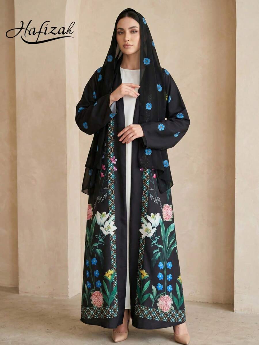Hafizah 新款時尚印花開襟外套與長洋裝頭巾2件套女裝 - 黑色 - 查看 1