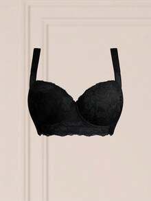 Women's Plus Size Floral Lace Underwire Bra, Comfortable Breathable, Push Up Side Support, Wide Shoulder Straps Hide Armpit Fat & Anti-Slip Wide Hem - Black - View 9
